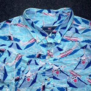 Vineyard Vines Button Down Mens 3XB Blue Airplane Print Short Sleeve